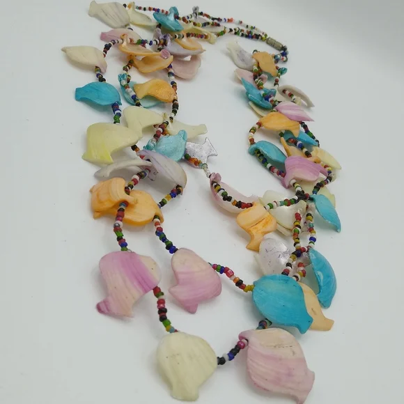 Pastel Dyed Seashell Fish Colorful Multi Strand Seed Bead Necklace 27" Vintage - Picture 14 of 14